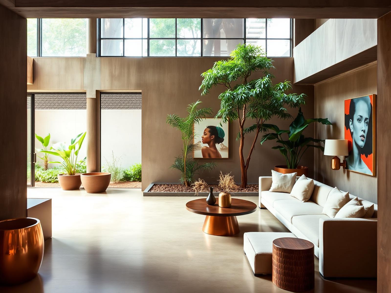 A design-led boutique hotel interior with bold artwork and warm light